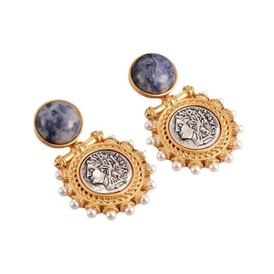 Vintage gold coin portrait earrings with blue lapis texture and white resin pearls