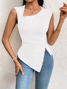 Detail view of white slim-fit top with asymmetrical neckline and crossover hem design