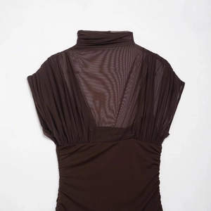 Fashionable dark brown turtleneck mesh patchwork ruched top for women in coffee color