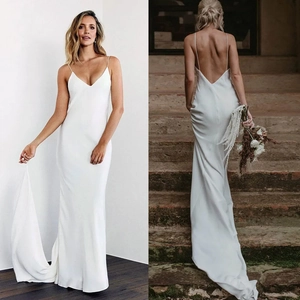 Sexy Spaghetti Strap Satin Wedding Dress Deep V Neck Backless Slim Fit Mermaid Long Tail Evening Party Gown For Women