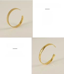 Detail of adjustable 18K gold plated stainless steel cuff bracelet with sandblasted finish