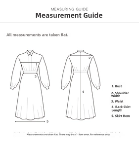 Maßanleitung mit Brust-, Taillen- und Längenmaßen für dieses A-Linien-Kleid mit Druck