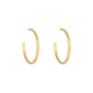 Classic pair of polished golden stainless steel hoop earrings for women on white background