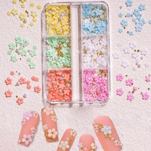 3D Resin Flower Nail Art Decoration Mixed Colorful Five Petal Floral Metal Beads Faux Artificial Pearl Manicure DIY Accessories