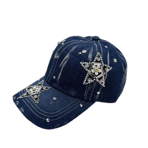 Women's dark blue denim baseball cap with sparkling rhinestones and star patches