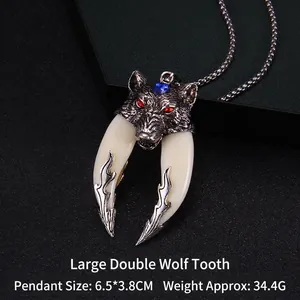 Double wolf tooth pendant necklace for men in antique silver finish with red and blue gems