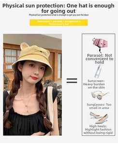 Detail of yellow cotton bucket hat featuring 3D animal ears and black whisker embroidery