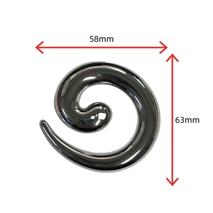 Detailed view of silver stainless steel spiral brooch with 58mm by 63mm dimensions