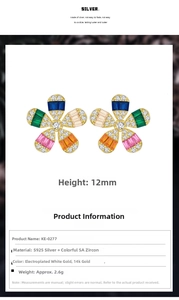 Detail specifications of daisy silver stud earrings with size and 5A zircon material info