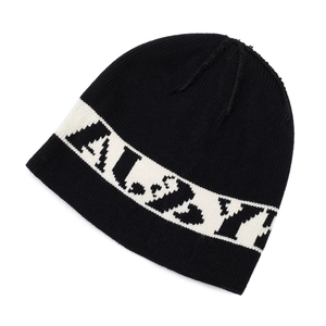Black ribbed knit beanie with white stripe and jacquard logo for autumn and winter sports