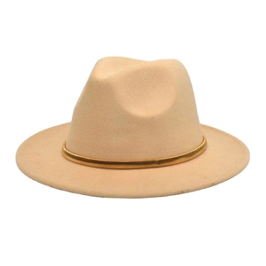 Classic light beige wool fedora hat with flat wide brim and thin gold decorative band