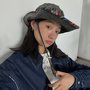 Dark grey outdoor sun hat with ethnic style ribbon and adjustable windproof strap