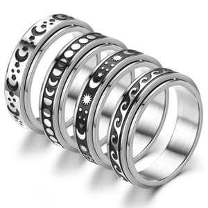 Stainless Steel Spinner Ring Sun Moon Star Wave Pattern Anxiety Relief Stress Reducer Band Retro Punk Jewelry For Men Women