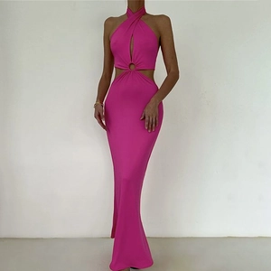 Robe Maxi Licou Sexy Pour Femmes Découpée Dos Nu Anneau En O Taille Haute Sans Manches Slim Fit Polyester Été Streetwear