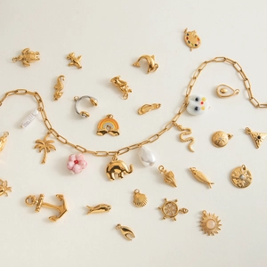 Detailed flat lay of gold-plated stainless steel charms featuring sea shells and palm trees