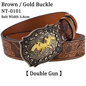 Detail of 3.8cm brown embossed leather belt with gold double gun buckle design