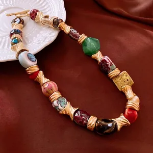Vintage bohemian flower geometric ceramic beaded necklace with gold OT buckle closure