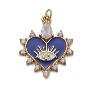 Blue enamel heart pendant with evil eye motif and clear crystal trim on white background