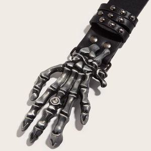 Punk black PU leather belt featuring a silver metal skull hand buckle with rhinestone
