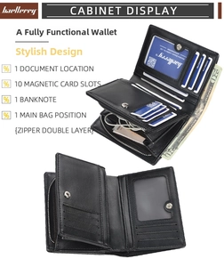 Close-up of black leather wallet showing multiple card slots and double zipper design