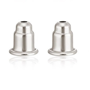 Macro shot of silver bullet-shaped earring backs in S925 sterling silver material