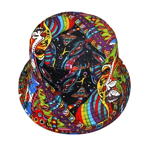 Psychotropic mushroom bucket hat with colorful psychedelic art for summer beach travel