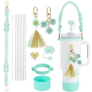 Mint green accessory set with braided handle, tassels and cloud straw cover for tumblers