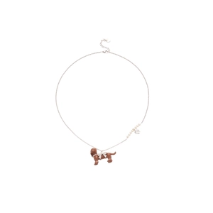 Cute zircon pearl dachshund pendant necklace with bow detail and silver chain