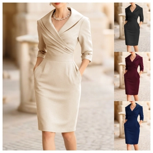 Women Elegant V Neck Midi Dress Elastic Polyester Slim Fit Office Work Dress With Pockets Solid Color High Waist