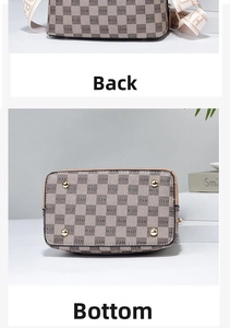 Vista dettagliata della borsa a tracolla beige monogramma con retro e piedini protettivi