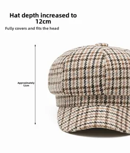 Detail view of brown plaid newsboy cap showing a deep 12cm hat depth and wool texture