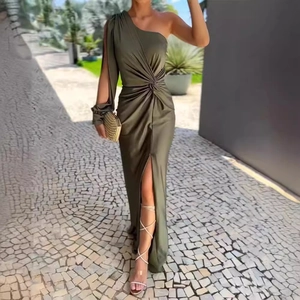 Olive green one shoulder satin maxi dress with pleated waist and side slit detail