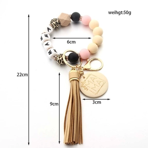 Silicone and wood MAMA beaded keychain bracelet with tassel and size markings