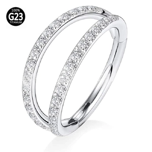 G23 titanium double hoop clicker ring with sparkling round crystals in a frontal view
