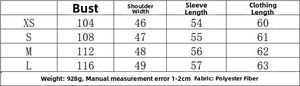 Size chart for reversible faux leather jacket with chest, shoulder, and length measurements