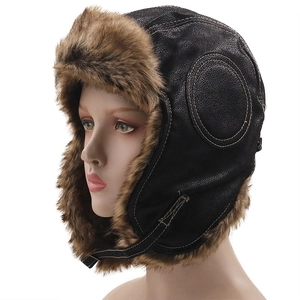 Winter faux leather trapper hat with warm fur lining and ear flaps for cold weather