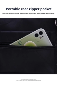 Close-up of the back zipper pocket on a black sports bag showing smartphone storage
