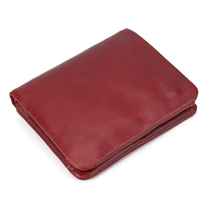 Close-up of red genuine leather wallet featuring premium texture and detailed stitching