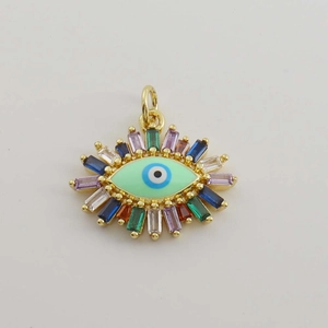 Macro view of evil eye pendant with 18K gold plating and colorful zirconia stones