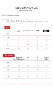 Tabla de tallas para conjunto de yoga con chaleco y pantalones de campana con medidas
