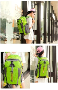 Detail view of large capacity outdoor backpack with high-strength nylon and green gray design