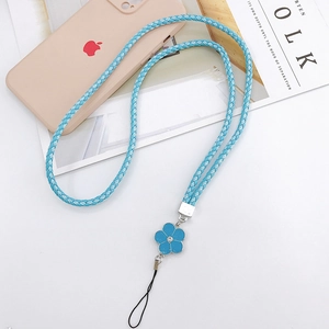 Light blue hand-woven PU phone lanyard with camellia pendant and crystal heart detail