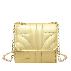 Golden quilted chain crossbody bag in small square shape with polished metallic finish