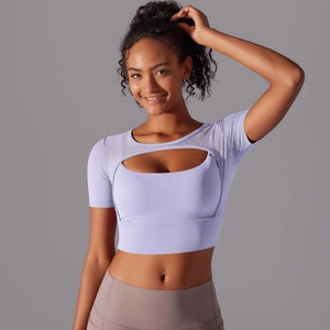 Close-up of lavender crop top featuring hollow chest design and breathable mesh patchwork