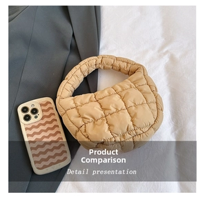 Mini quilted cloud bag in khaki showing size comparison with an iPhone smartphone