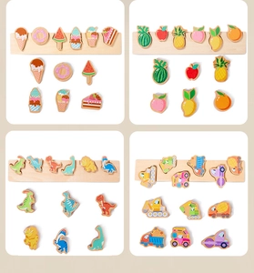 Detailed four-panel view of wooden puzzle sets featuring fruits, dinosaurs, and vehicles