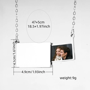 Detailed view of custom silver photo locket necklace with dimensions and weight info