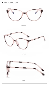 Three-angle view of pink floral cat-eye glasses frames showing front and side profiles