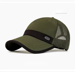 Detail view of military green truck cap showing breathable large-hole mesh and side logo