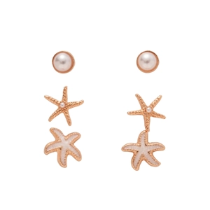 Starfish and pearl earring set with rose gold accents and white enamel details